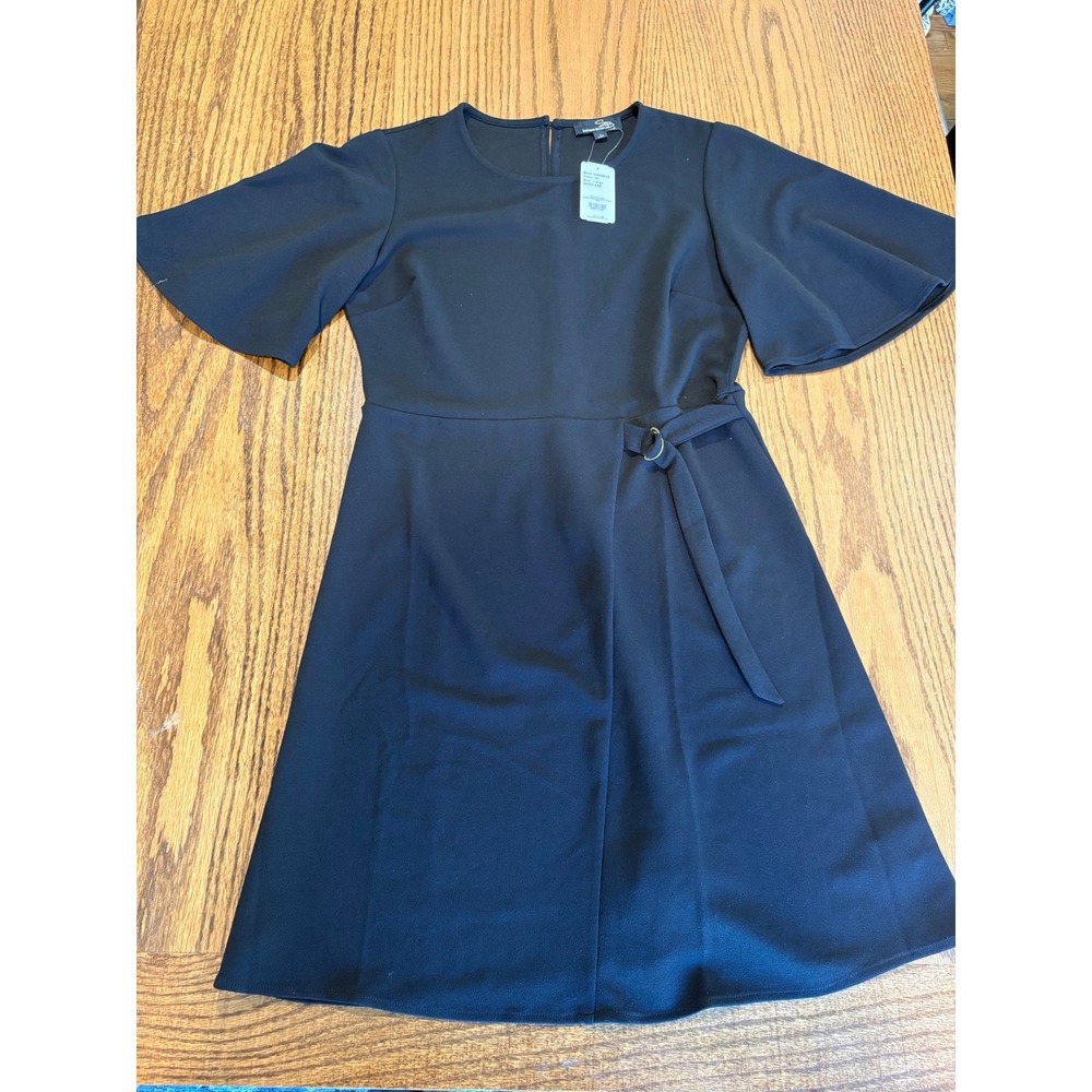 Suzanne Betro Black Asymmetrical Seam D-Ring Tie Flutter Sleeve Dress Large NWT